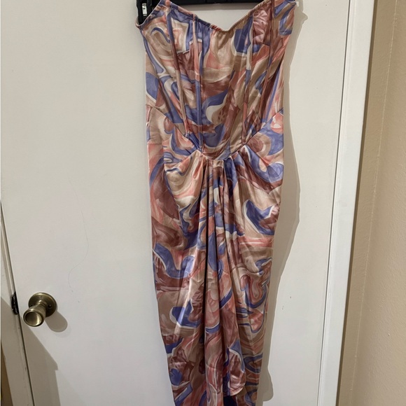 PrettyLittleThing Strapless Swirl Dress in Pink, Blue, and Cream - Picture 1 of 11